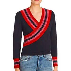 COCOBLEU Navy Blue Faux Wrap Sweater Stripe Detail Red and Pink